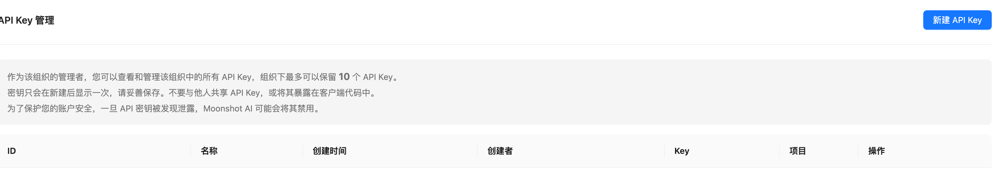 Kimi 开放平台控制台：充值与 API Key 管理示意
