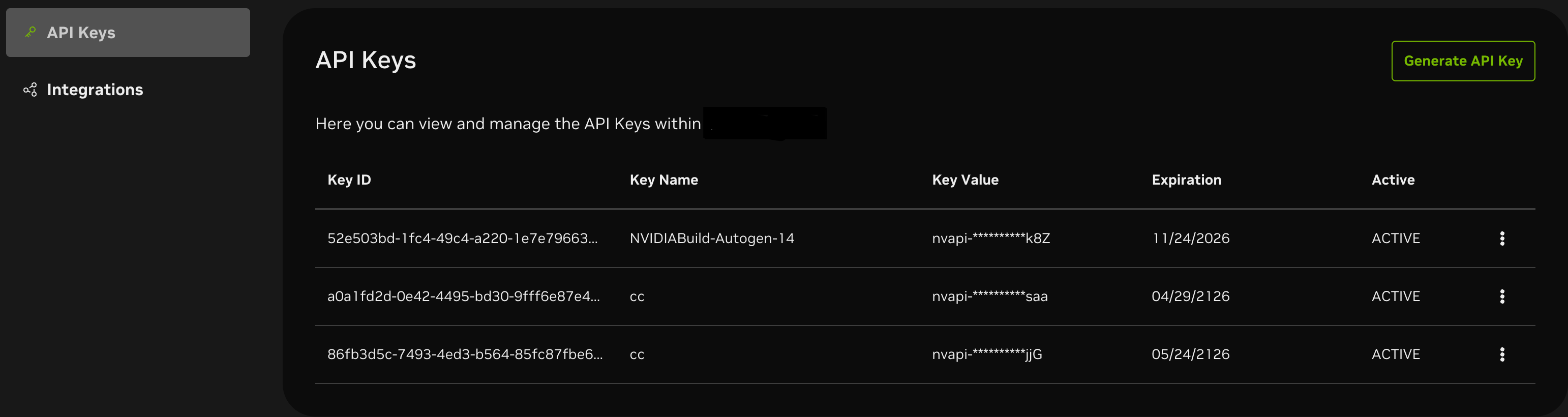 NVIDIA Build API Keys 管理页面示意