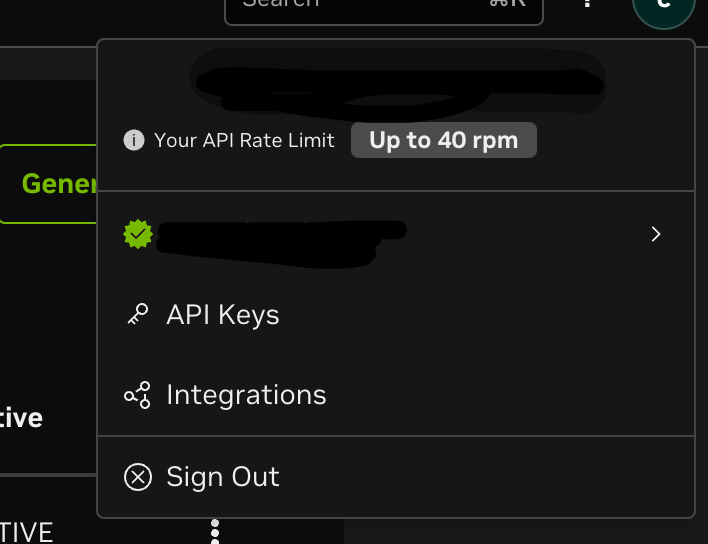 NVIDIA Build 账号菜单中的 API Keys 入口示意