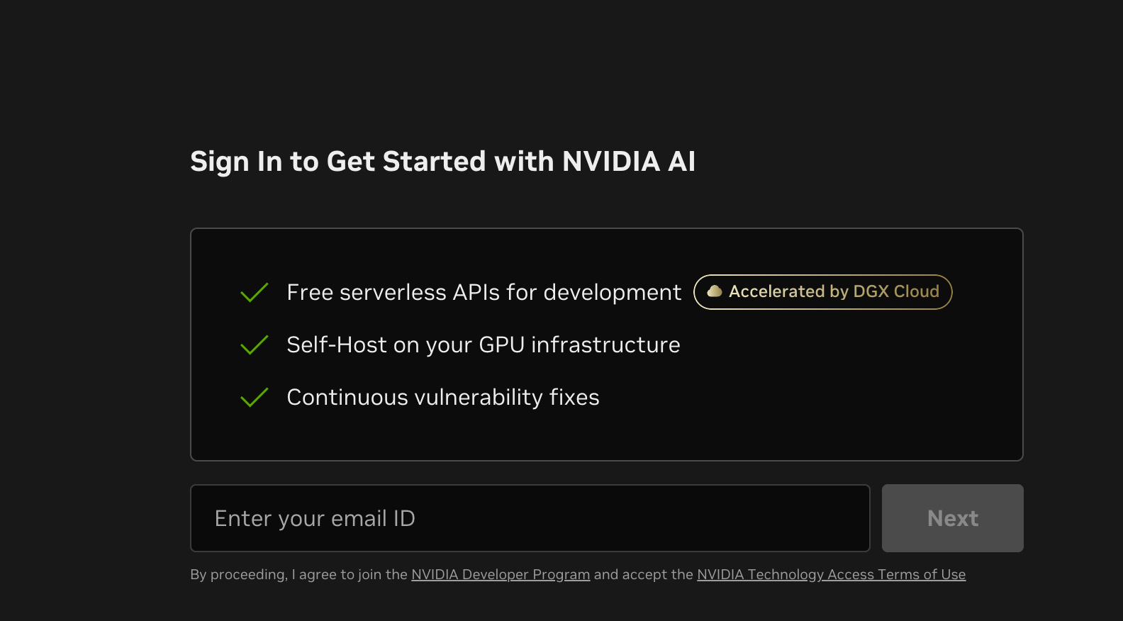 NVIDIA Build 登录 NVIDIA AI 页面示意